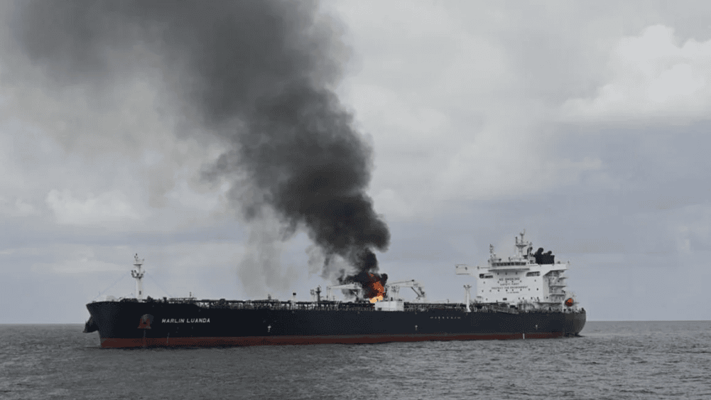 the oil tanker marlin luanda catches fire after an attack in the gulf of aden, the waterway leading into the red sea, on january 27, 2024.