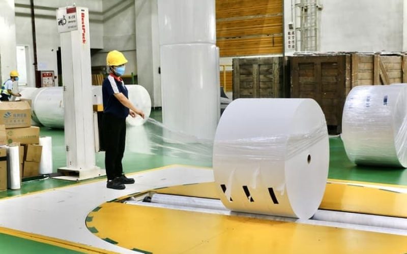 Automatic PE film packing for jumbo roll paper automatic pe film packing for jumbo roll paper